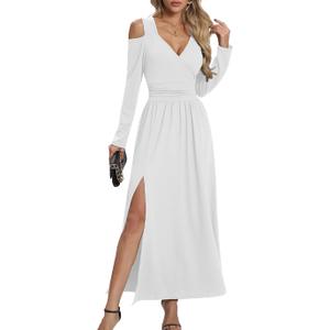 Women Long Sleeve Maxi Dress with Slit Deep V Neck Cold Shoulder Casual Dresses for Women Club Party Dress, Size XXL