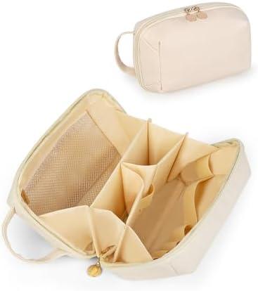Soimeat Travel Makeup Bag Gift for Women, Soft PU Leather Cosmetic Bags, Waterproof Toiletry Bag, Portable Wide Open Pouch, Travel Cosmetic Bag with Divider and Handle, Medium, Beige