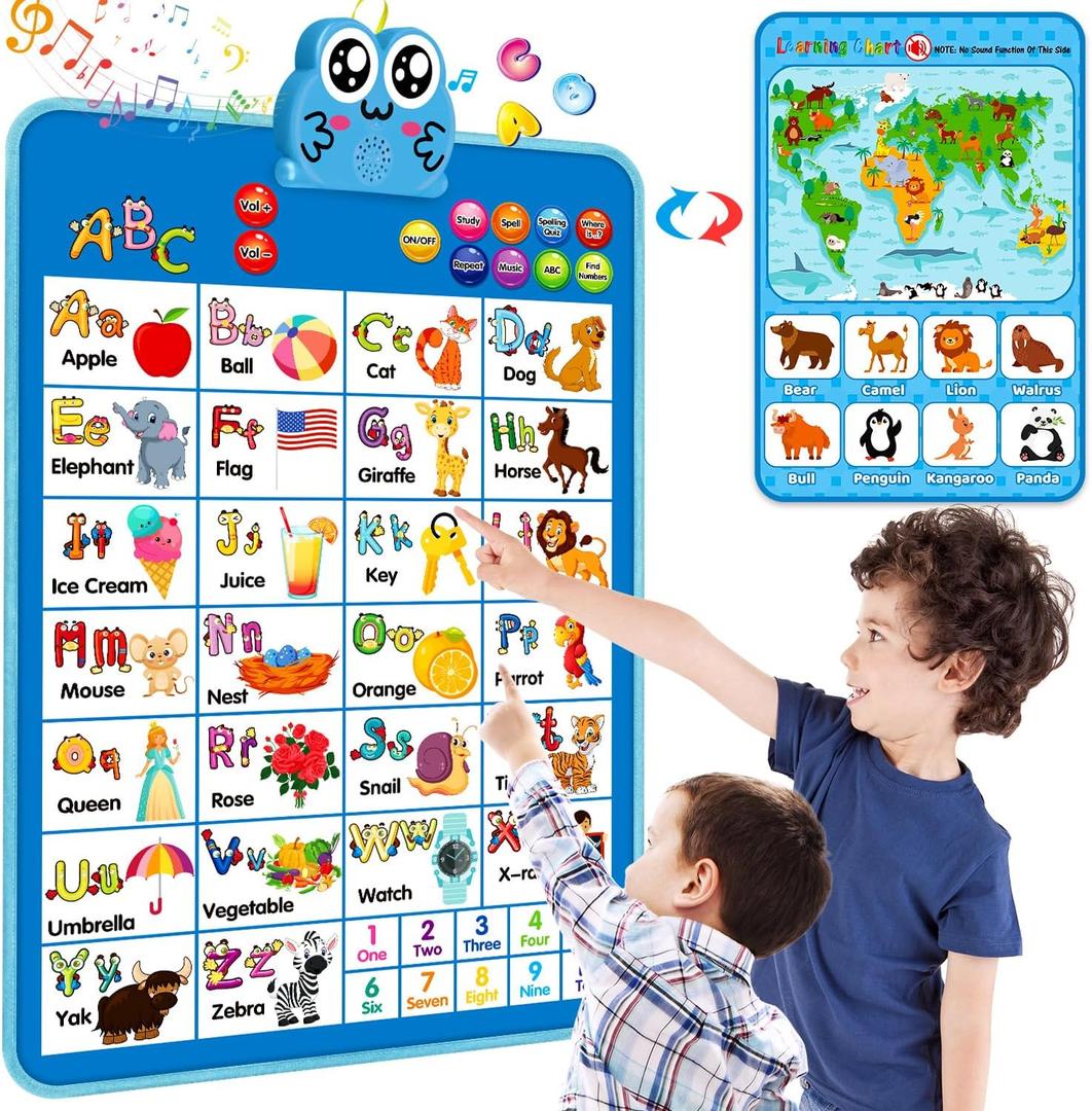 Electronic Interactive Double-Sided Alphabet Wall Chart, Talking ABC & 123 & Music & Learning Poster, Educational Toddlers Toys for Ages 3-4 Kids Gift, Best for Preschool Boys & Girls(Blue)