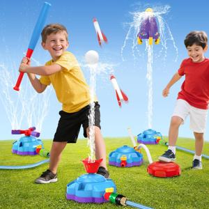 4-in-1 Water Sprinkler Baseball Toy, Water-Spraying Rocket, Water Baseball, Rocket Launch Game, Spinning Water Sprayer Outdoor Summer Toys for Boys Girls Outside Water Game Toys for Kids 3-12