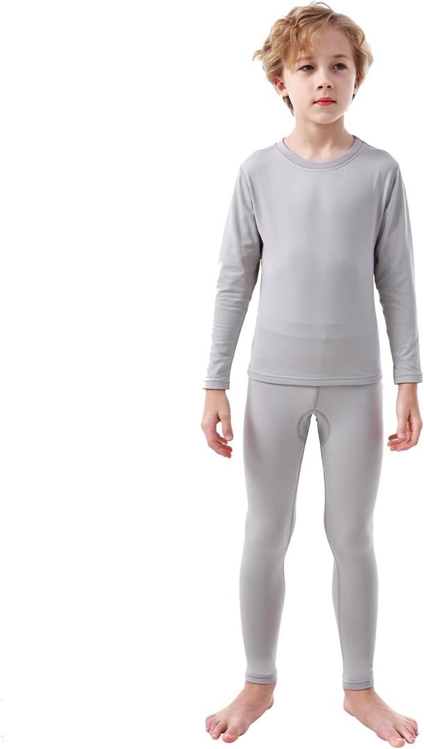 PISIQI Thermal Underwear Set for Boys Long Johns Fleece Lined Set Kids Ultra Soft Base Layer Top Bottom Warm Set for Skiing (Small, Grey)