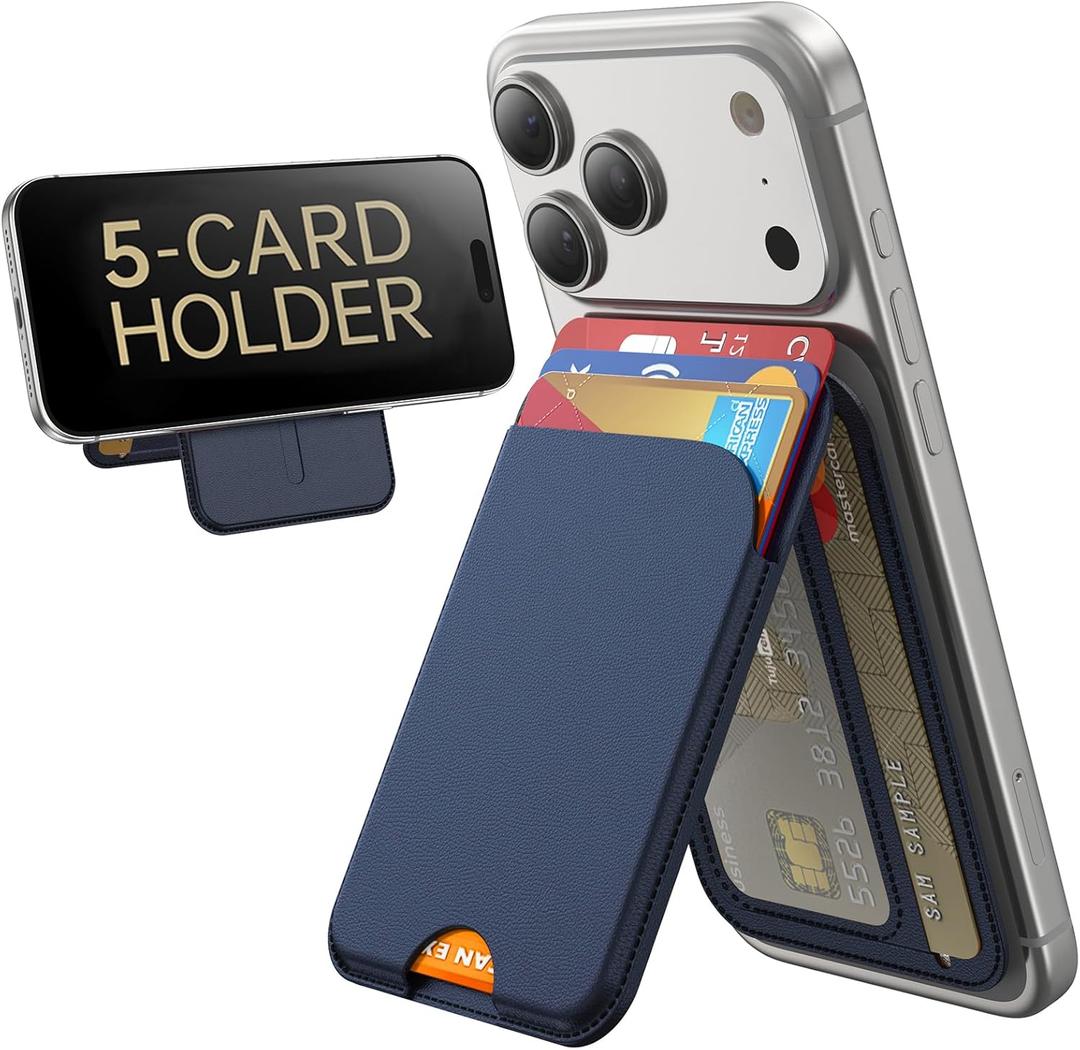 for MagSafe Wallet, 5 Card Holder with Stand, Magnetic Phone Wallet Stand for iPhone 17/16/15/14/13/12 Pro Max Air Plus Series, RFID Blocking Vegan Leather,Navy Blue
