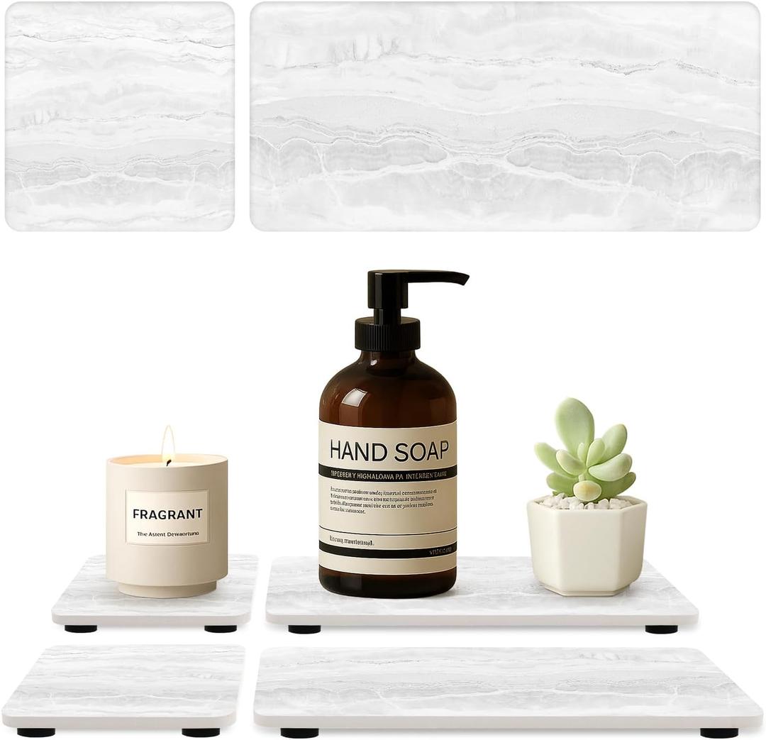 4 Pack Water Absorbing Stone Drying Tray for Bathroom Sink Trays Kitchen Counter Diatomite Stone Quick Dry Diatomaceous Earth Mat for Sink Kitchen Soap Trays Ceramic Marble Bathroom Vanity Tray (Marble Light Gray)