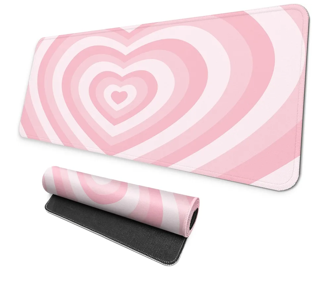 MAY FLOWER Large Gaming Mouse Pad, Full Keyboard Mat, Long Laptop Mousepad, Computer Mouse Mat for Home and Office, Anti-Slip Rubber Base, 31.5 x 11.8 Inches (Pink Loving Heart)