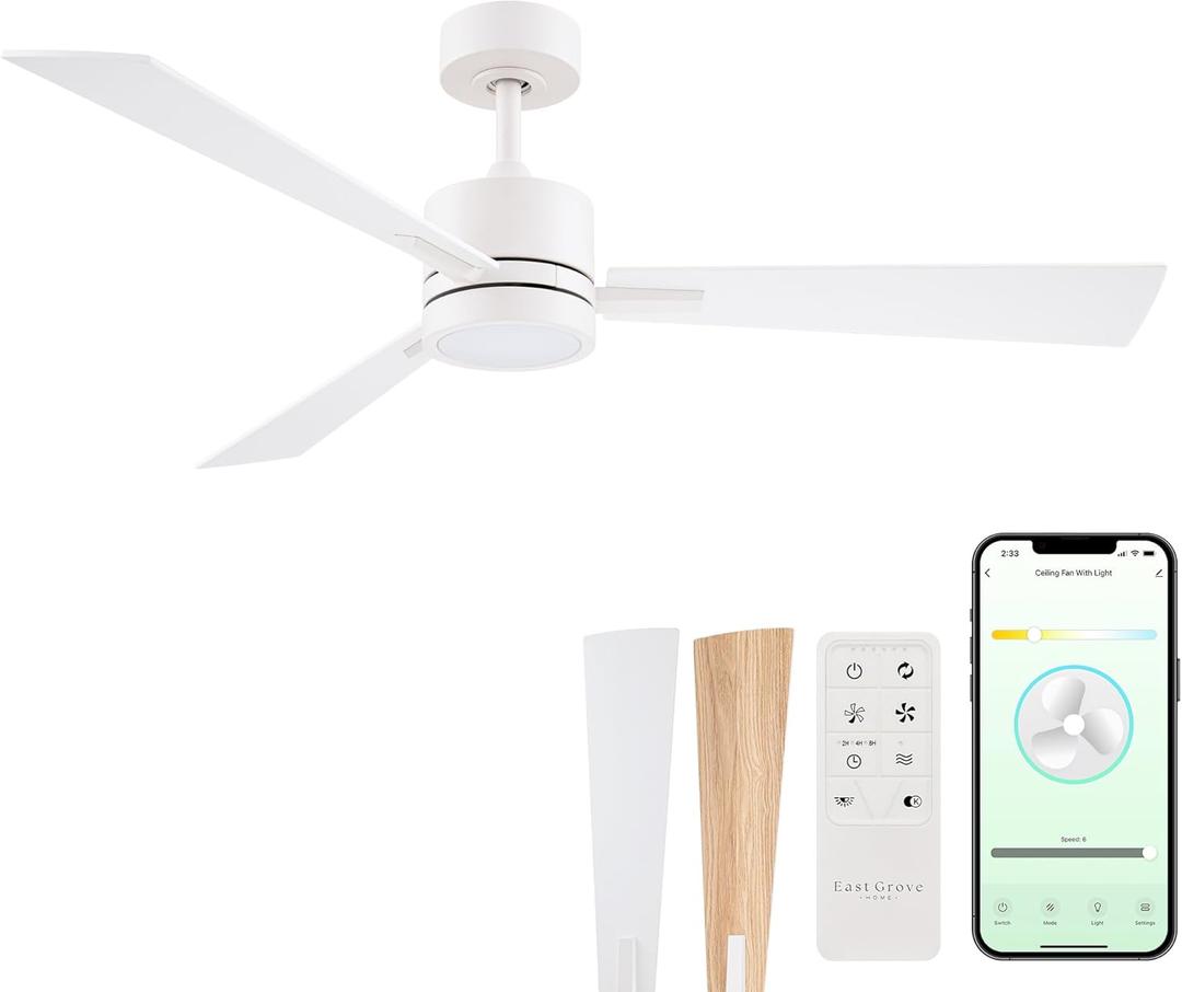 Bali Smart 3-Blade 52in Ceiling Fan 2700K-6000K CCT Selectable LED Light Kit with Remote Control and White Hardware with Reversible Blades in Natural Wood or White Works With iOS or Android App