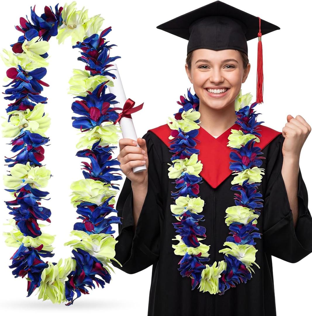 Kenning Hawaiian Graduation Lei for Adults 47" Faux Orchid Flower Necklace Class of 2026 Grad Necklace Tropical Luau Party Favors for Graduation Hawaiian Summer Beach(Blue Purple, Yellow)
