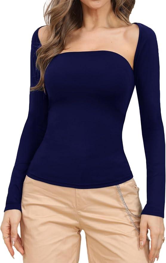 Women's Sexy Tube Top Y2K 2 Piece Long Sleeve Casual Solid Two-Piece Tops Set Going Out Fashion T-Shirt Tank Tops T02, Size Small