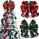 Soulchen Velvet Large Christmas Tree Topper Bow 12.6 x 118 Inch Lighted up Double Side Velvet Christmas Bow with 4 x 3 Yards Ribbon Streamers for Holiday Xmas Tree Party Decoration(Green)