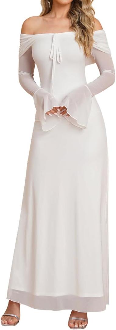 Off Shoulder Long Sleeve Maxi Dress Bodycon Tie Party Formal Wedding Guest Dresses for Women 2026 (White, S)
