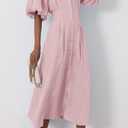 chouyatou Women Summer Puff Sleeve Button Down Shirt Dress Flowy Elegant Business Casual Midi Long Dress (Pink, L)