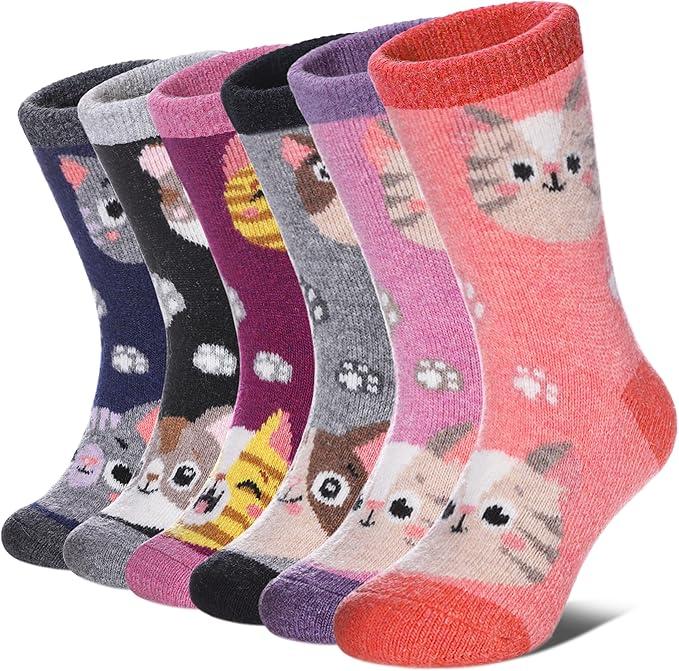 MQELONG Wool Socks for Kids Boys Girls Winter Warm Wool Hiking Thick Boot Cozy Crew Socks 6 Pairs (6 Pairs Footprint Cat, 4-7 Years)