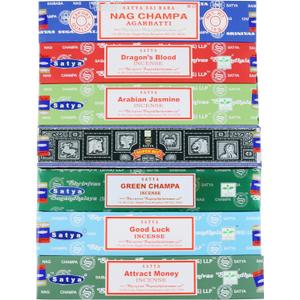 Satya Incense Sticks Gift Set, 7 Scents, Nag Champa, Dragon's Blood, Arabian Jasmine, Super Hit, Green Champa, Goodluck, Attract Money, 15g Each (Relaxation Mix)
