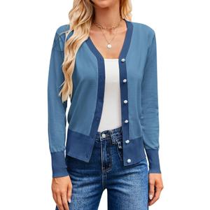 GRACE KARIN Womens Cardigan Sweaters Lightweight Long Sleeve Cropped Cardigan Fall Fashion Outfits Clothes Striped Shrug (Blue, XL)