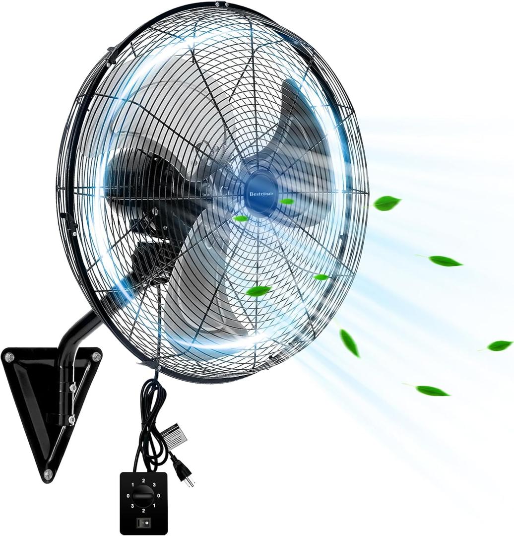 Wall Mount Fan Oscillating, Industrial Heavy Duty Metal 3 Speed Fan, 20 Inch High Velocity Adjustable Tilt, Use for Garage, Shop, Warehouse, Patio, Factory and Homes