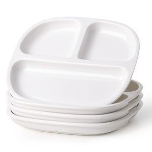 cikiciki 8.58" Square Ceramic Divided Plates - 4 Pack, Portion Control Plate for Rational Eating, White Dinner Plates, 3 Compartment Dinner Diet Plates for Kids, Microwave, Dishwasher Safe