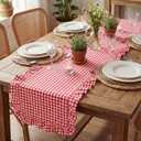 HunnmingRe 1 Pcs Red Plaid Gingham Ruffle Table Runner 118 x 13.8'' Farmhouse Table Runner 100% Cotton Scalloped Long Dresser Scarves for Mothers Day, Dining Room, Wedding, Kitchen Rustic Home Decor