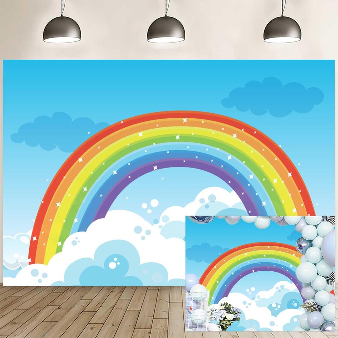 5x3ft Kids Birthday Backdrop Colorful Rainbow Photography Background Cartoon Blue Sky White Cloud Decorations Banner Boy Girl Birthdays Party Photo Booth Props Studio Home Wall Decor