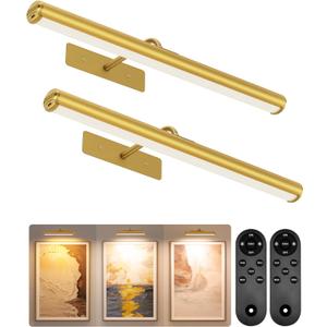 EZVALO Picture Lights for Wall, 16'' Rechargeable 6000mAh Painting Lights with Remote, Wireless Dimmable 3 Color Temps Art Lights for Gallery, Living Room, Hallway (Gold, 2Pack)