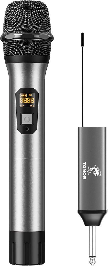 TONOR Wireless Microphone, UHF Metal Cordless Handheld Mic System with Rechargeable Receiver, for Karaoke, Singing, Party, Wedding, DJ, Speech, 200ft (TW620), Grey (Silver)