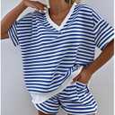 Melliflo Women 2 Piece Outfits Lounge Sets Striped Print Long Sleeve V Neck Sweatshirt and Shorts Set Sweatsuit (Blue, L)