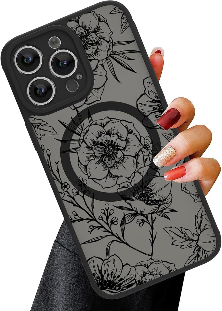 OOK Magnetic for iPhone 12 Pro Max Case Black Flower Floral Pattern [Compatible with MagSafe] Slim Translucent Matte Camera Lens Protection Case for iPhone 12 Pro Max, Black Floral Pattern (6.1")