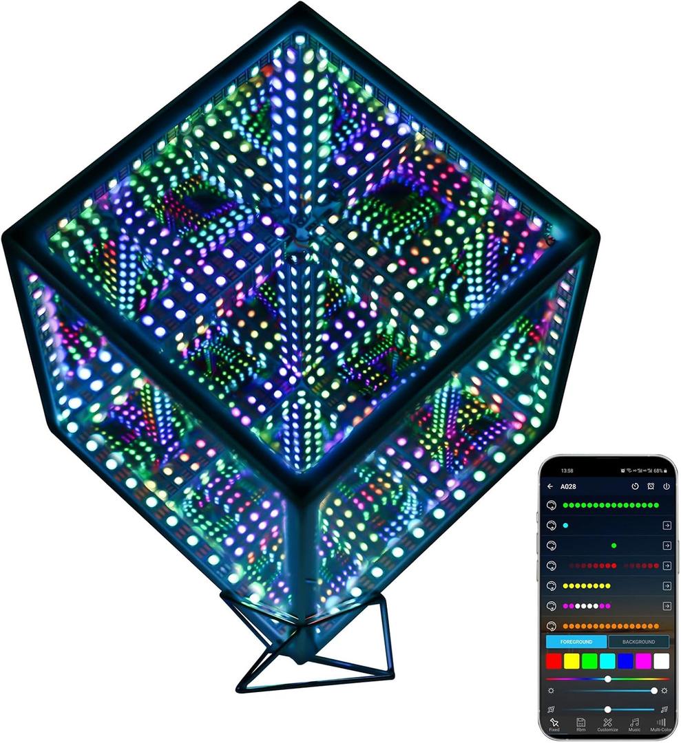 Infinity Mirror Hyper Cube Table Lamp, Desk Art Night Light, Color-Changing Music-Sync APP-Controlled Ambient Light for Gaming, Party, Home, Gift (6 Inches)