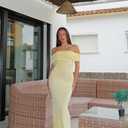 Women’s Yellow Off Shoulder Maxi Dress, Elegant Bodycon Long Evening Dress with Draped Neckline, Size XS 