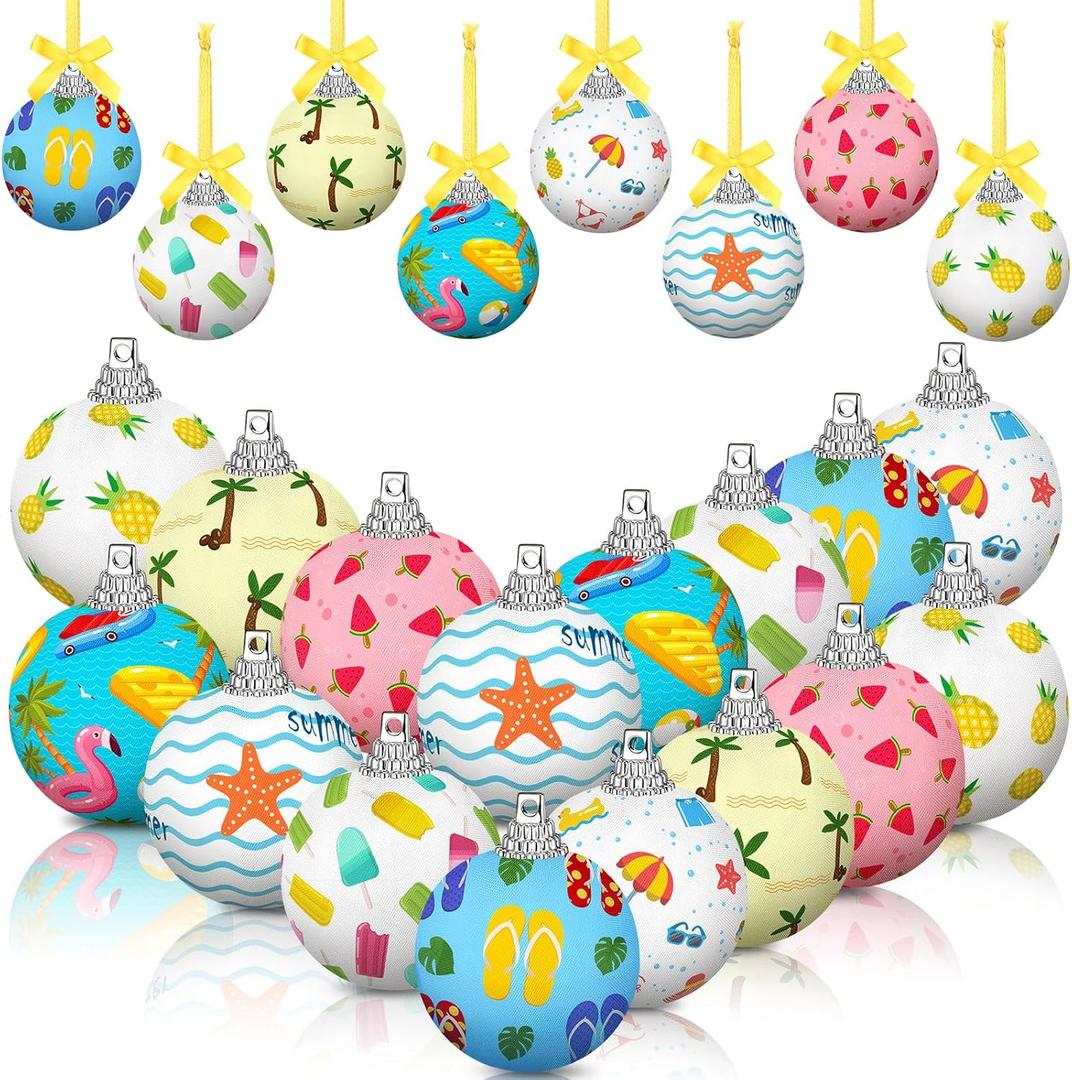 16 Pcs Summer Hanging Tree Ornaments Hawaiian Style Ball Decoration Ice Cream Orange Juice Flamingo Sea Seahorse Style Ball for Summer Holiday Party Tree July Christmas Decor(Beach)