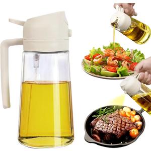 2 in 1 Oil Dispenser and Oil Sprayer, 470ml Dispenser Bottle Spray and Pour, Glass Olive Oil Sprayer for Cooking, Food-Grade Oil Spray Bottle Mister Spritzer for BBQ, Air Fryer, Kitchen (Creamy)