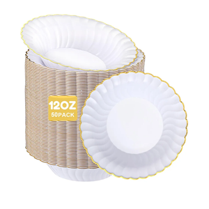 50 Pack Plastic Soup Bowls with Gold Rim, 12oz Disposable Dessert Soup Bowls with Wavy Edge for Birthday, Party, Wedding, Dinners, Catering and Everyday Use