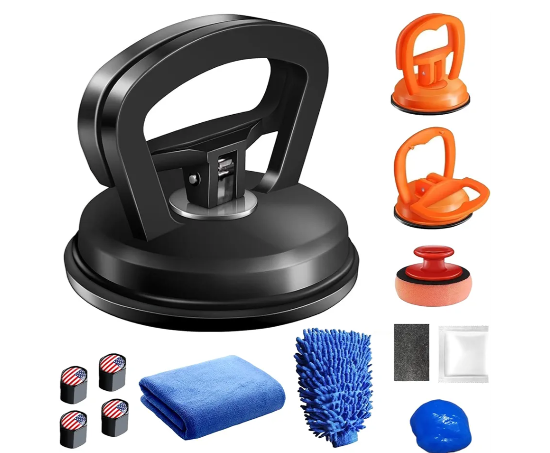 Dent Puller Car Dent Puller Kit 10-Piece & Smooth Surfaces Object Lifter Kit (2xOrange+Black) - Dent Remover Tool for Car Dents,Glass Tiles,Screens | Includes Cleaning Putty & Valve Stem Caps