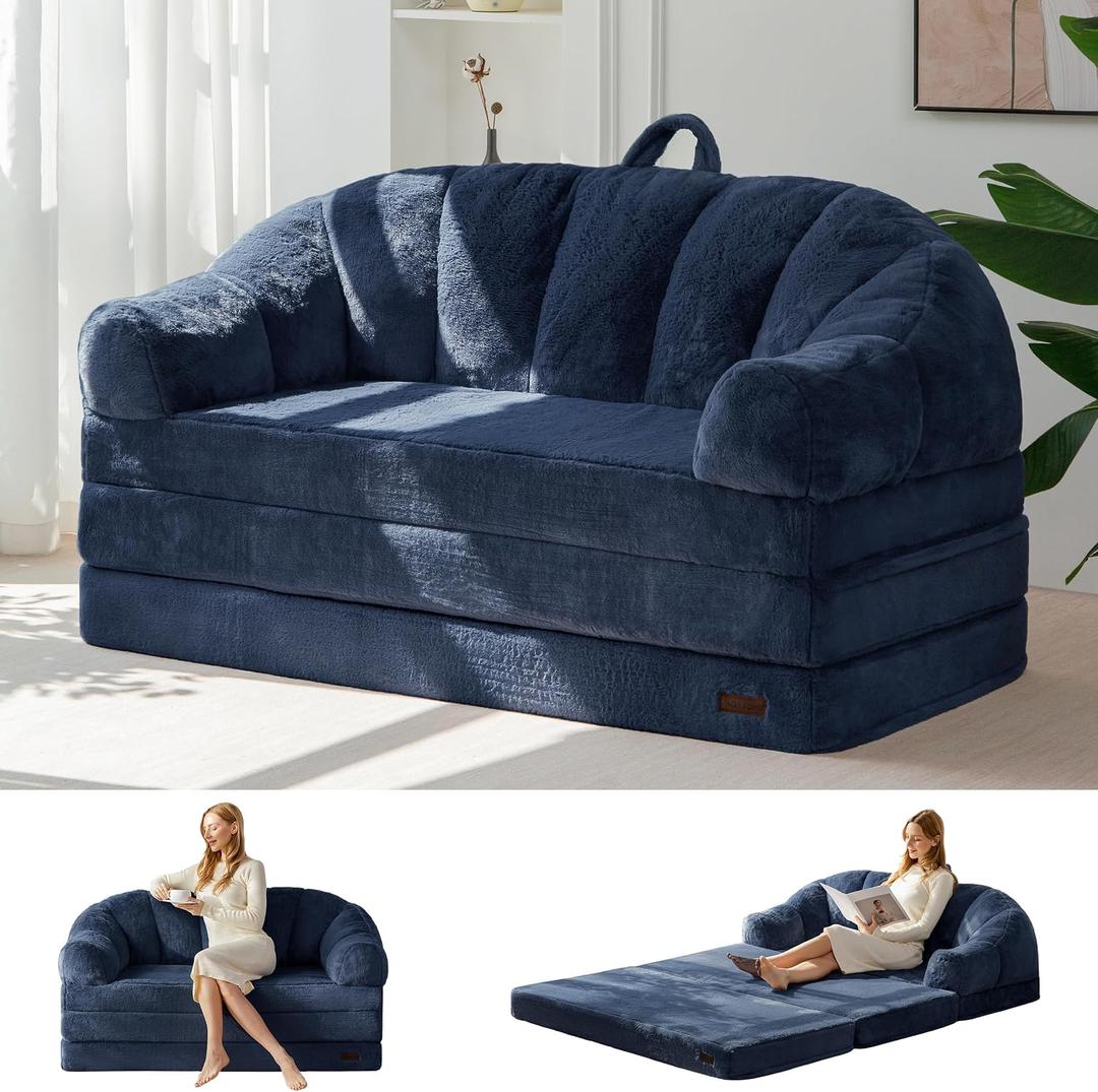 MAXYOYO Folding Sofa Bed, 2 in 1 Convertible Sofa to Lounger | Comfy Loveseat Bean Bag Chair for Adults, Floor Couch with Handle, Faux Fur Couch Bed for Living Room Bedroom, Navy