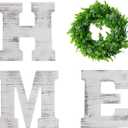Wooden Home Sign with Wreath, 9.8" Rustic Wood Home Letters H, M, E, Wall Hanging Decor with Artificial Wreath O, Great for Wall Art Living Room Front Door Dining Room, (White)