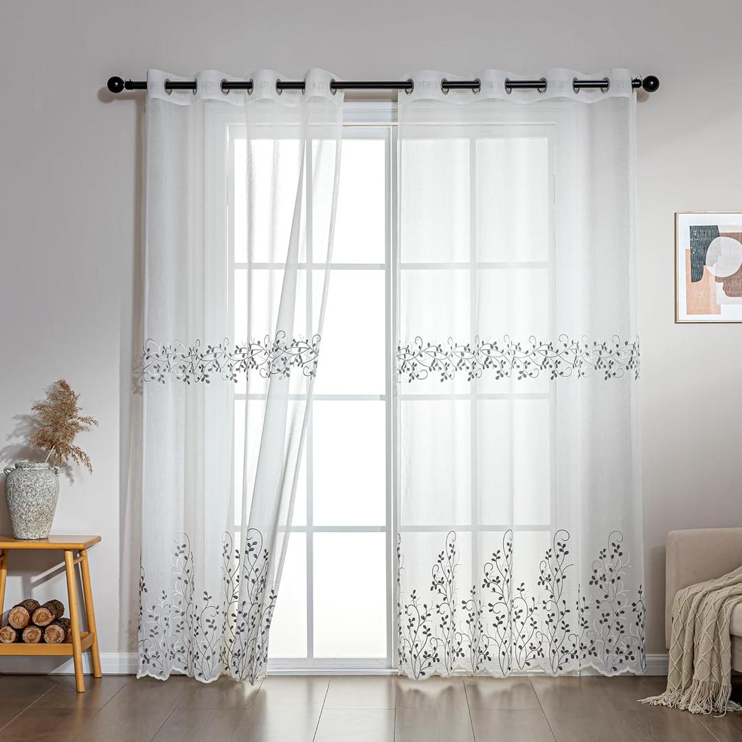 SLEEP ZONE Sheer Curtains for Living Room and Bedroom, Embroidered Sheer Curtains White Sheer Curtain 52 84 inches Long of 2 Panels, White Twig