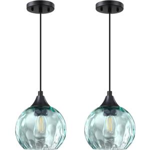 2 Pack Hanging Kitchen Island Pendant Light 6.3" Clear Hammer Green Glass Pendant Ceiling Light Fixture Black Finish Modern Farmhouse Dinning Over Sink(Adjustable Height Cord)