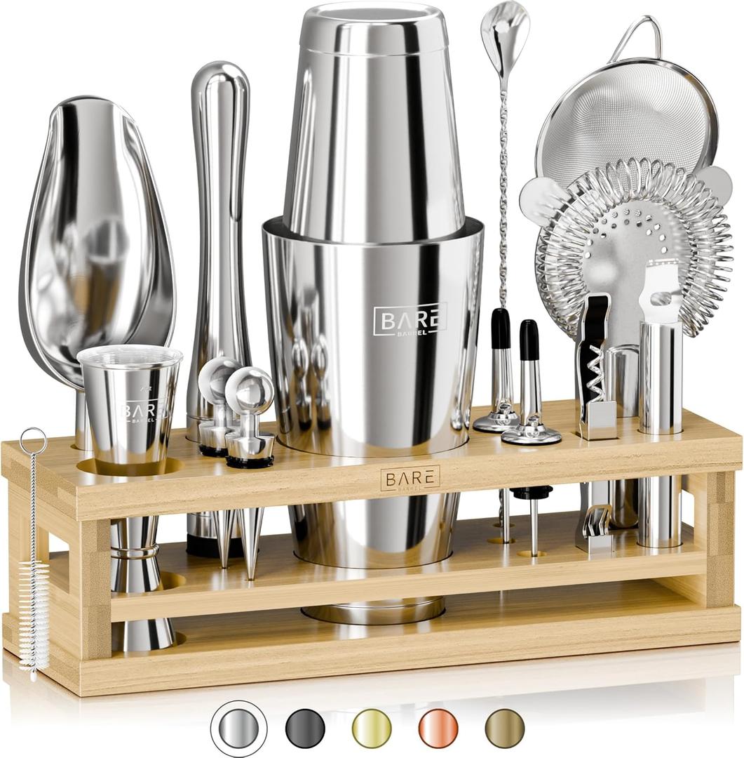 BARE BARREL Mixology Bartender Kit Bar Set | 16-Piece Cocktail Shaker Set | Martini Barware Mixing Tools for Home Bartending | Incl. 35 Recipe Cards | Gift Set (28oz Boston Shaker, Silver/Natural)