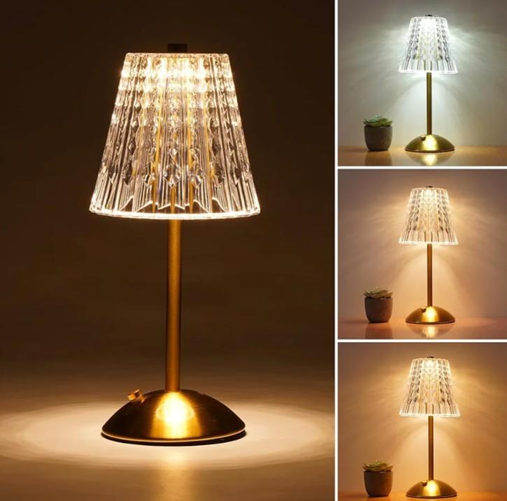 Rechargeable Cordless Table Lamp, Touch Control Crystal Desk Lamp with 3500mAh Battery, 3 Color Dimmable LED Small Lamp for Bedroom Bedside Restaurant Kitchen Home Decor, Gold