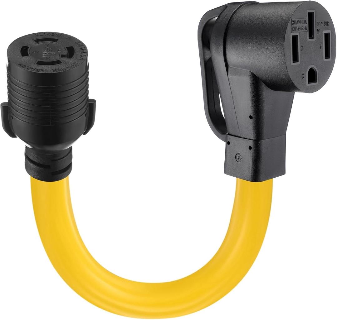 Kanayu 1.5 ft NEMA L14-30R to 14-50R 30Amp RV Generator Adapter Cord, 4 Prong Locking 30Amp L14-30R Female to 50Amp 14-50R Female Adapter Cord with Grip Handle STW 10AWG/4C for RV EV