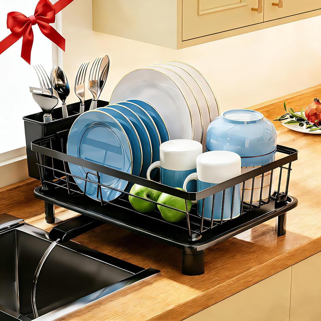 Dish Drying Rack, Stainless Steel Space-Saving Dish Rack, Dish Racks for Kitchen Counter, Kitchen Dish Drainers with Removable Utensil Holder,New Drain Outlet,Plate Rack and Drainboard, Black (1 Tier-black)
