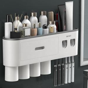 No-Drill Wall Mounted Toothbrush Holder, Bathroom Shelf, with Automatic Toothpaste Dispensers 6 Brush Hooks Magnetic Cups 1 Cosmetic Drawer Organizer and Large Storage (2 Dispensers 4 Cups)