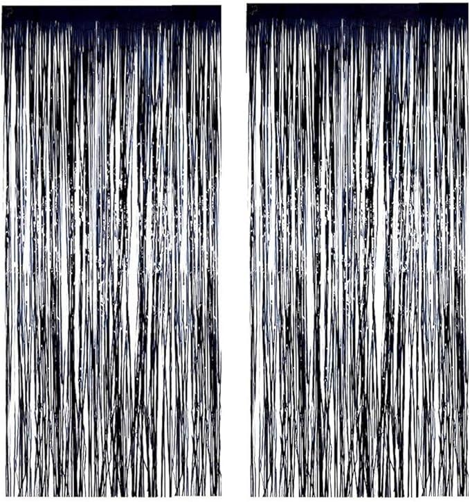 3 ft x 8 ft Black Foil Curtains Metallic Foil Fringe Curtain for Birthday Halloween Party Photo Backdrop Wedding Event Decor (Black, 2 Pack)