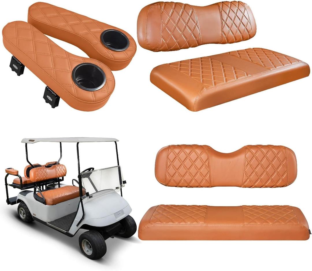 NOKINS Golf Cart Seat Covers for Club Car DS 2000.5-Up, Vinyl Front&Rear Seat Cover with Flip-Up Armrests kit, with Cup Holder, for 1" Square Tube (All Brown)
