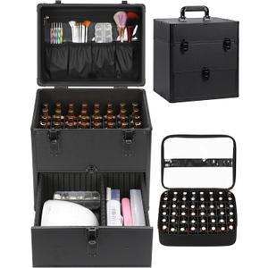 Professional Nail Polish Organizer & Storage Case, Double Layer Travel Nail Supplies Container Holds 96 Bottles & Full Size Nail Lamp, Multi-functional Aluminum Box for Nail Tech, Tattoo & Makeup