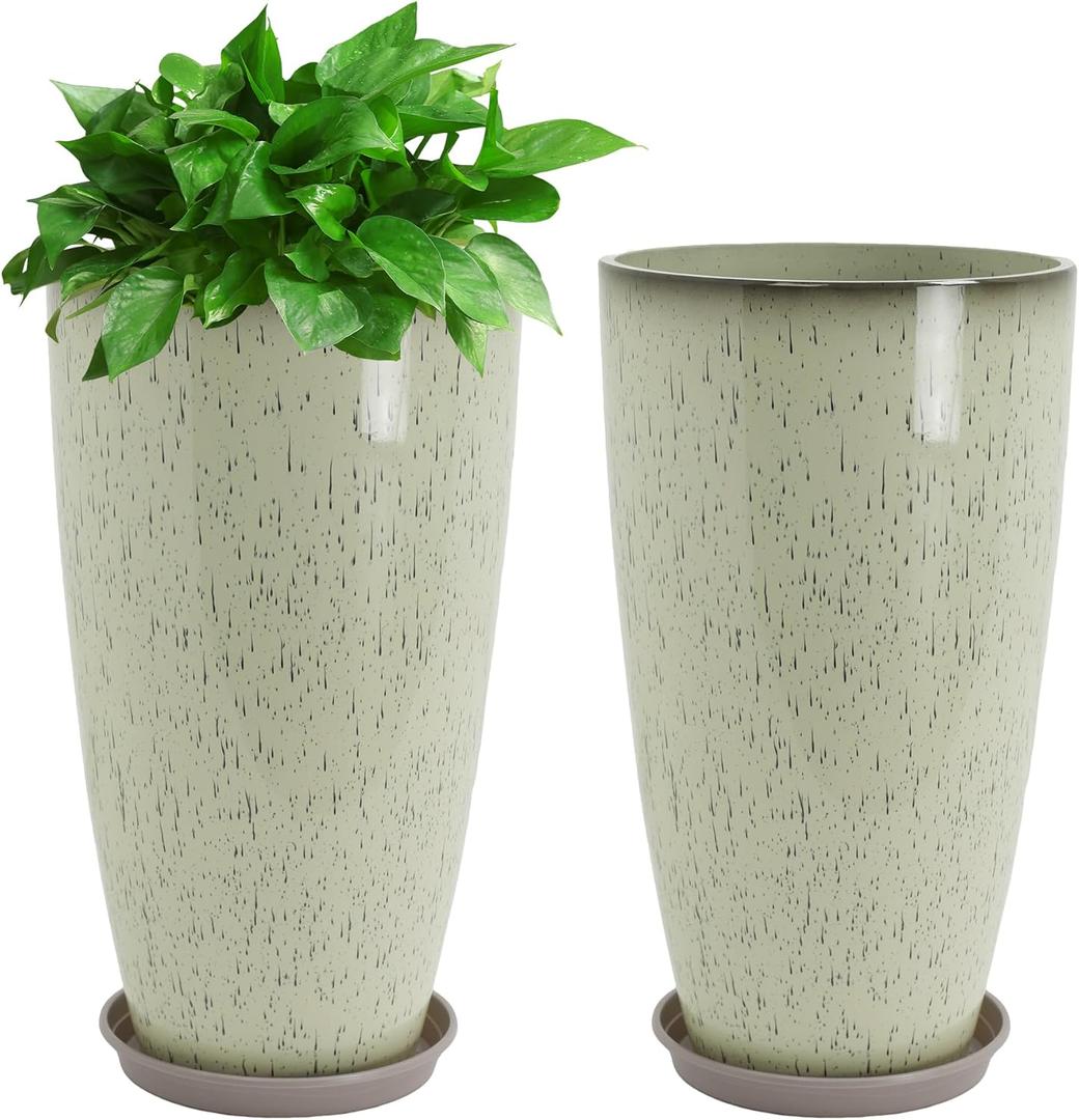 Neoaider Set of 2 Lightweight Ceramic-Look Tall Planter, 21 inch Large Plastic Planter with Drain Hole & Saucers, Large Outdoor Planters for Porch, Garden, Patio, Balcony(Drip Glaze)