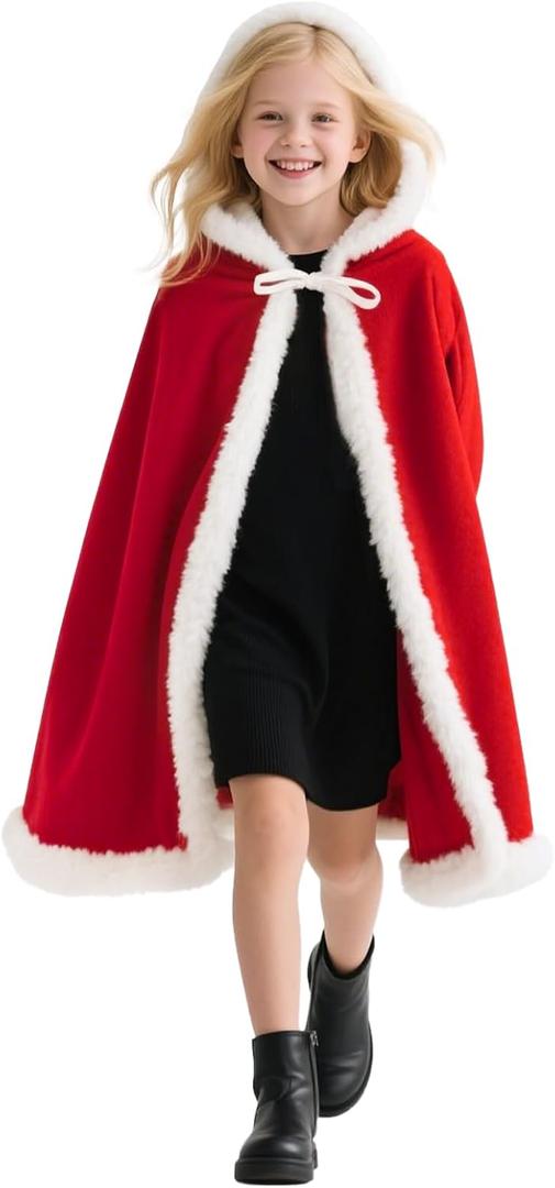 Adult Children Christmas Santa Robe Cape, Velvet Red Hooded Cloak Party Costume Masquerade Cape