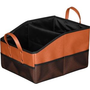COLLAPSIBLE CAR SEAT ORGANIZER WITH 9 COMPARTMENTS, FOLDS FLAT, BROWN | DIVIDABLE STORAGE PARTITIONS WITH DIVIDERS & MESH POCKETS. FITS FRONT/BACK SEATS 
