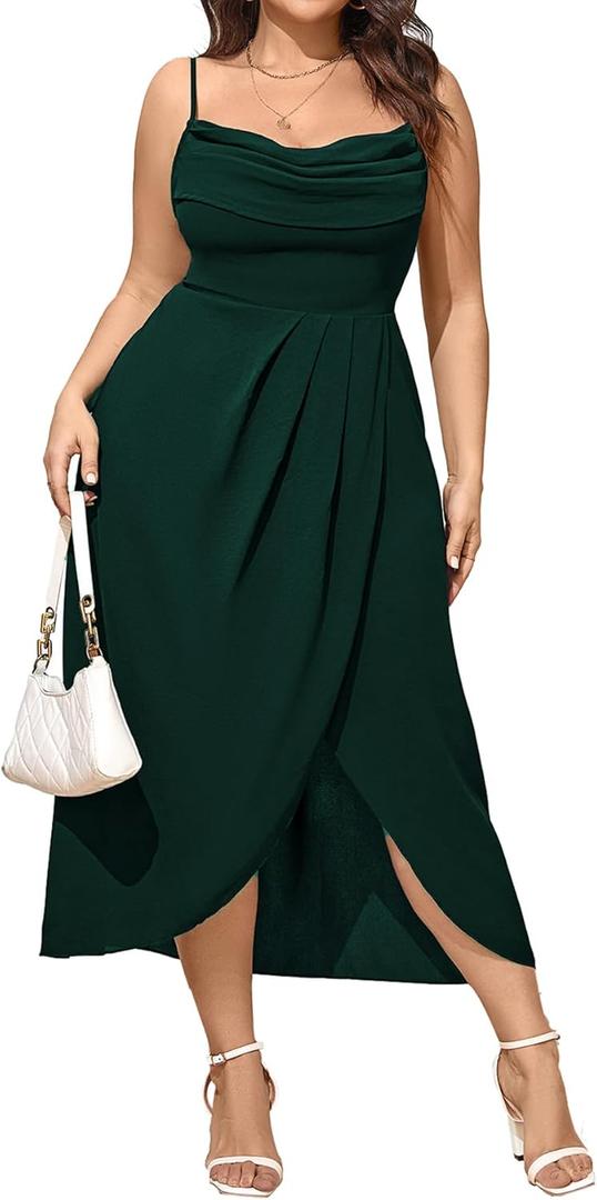 SCOMCHIC Women's Plus Size Dress Sleeveless Spaghetti Strap Cowl Neck Wrap Party Cocktail Cami Dress (3X-Large Plus, Emerald Green)