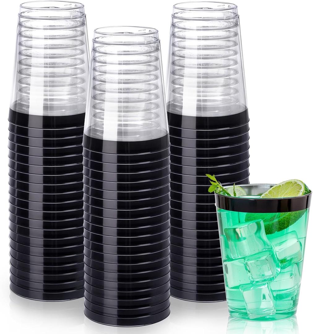 DaYammi 100 Pack Black Plastic Cups 10Oz Clear Disposable Cups with Black Rim, Clear Cocktail Cup Heavy Duty Disposable Glasses Disposable Fancy Plastic Cups for New Year Party
