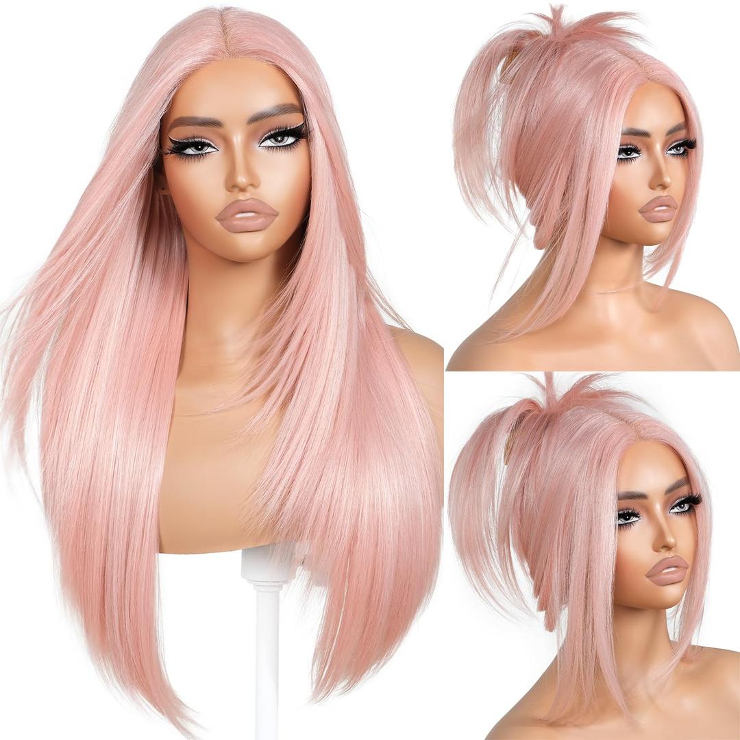 Pink Wear and Go Glueless Wigs Light Pink Synthetic Lace Front Wigs Pre Plucked Pre Cut Long Layered Straight Wigs with Curtain Bangs For Woman middle Part Wig 26 Inch for Beginners
