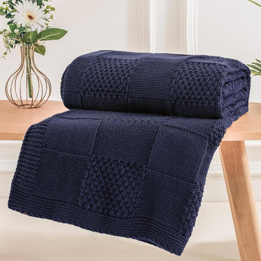 NEXHOME PRO Knit Throw Blanket,Classical Checkered Blanket for Couch,Cozy Warm Knitted Throw Blanket for Bed Sofa Living Room, Decorative Stretched Throw, Lightweigh,50"X 60"Navy Blue